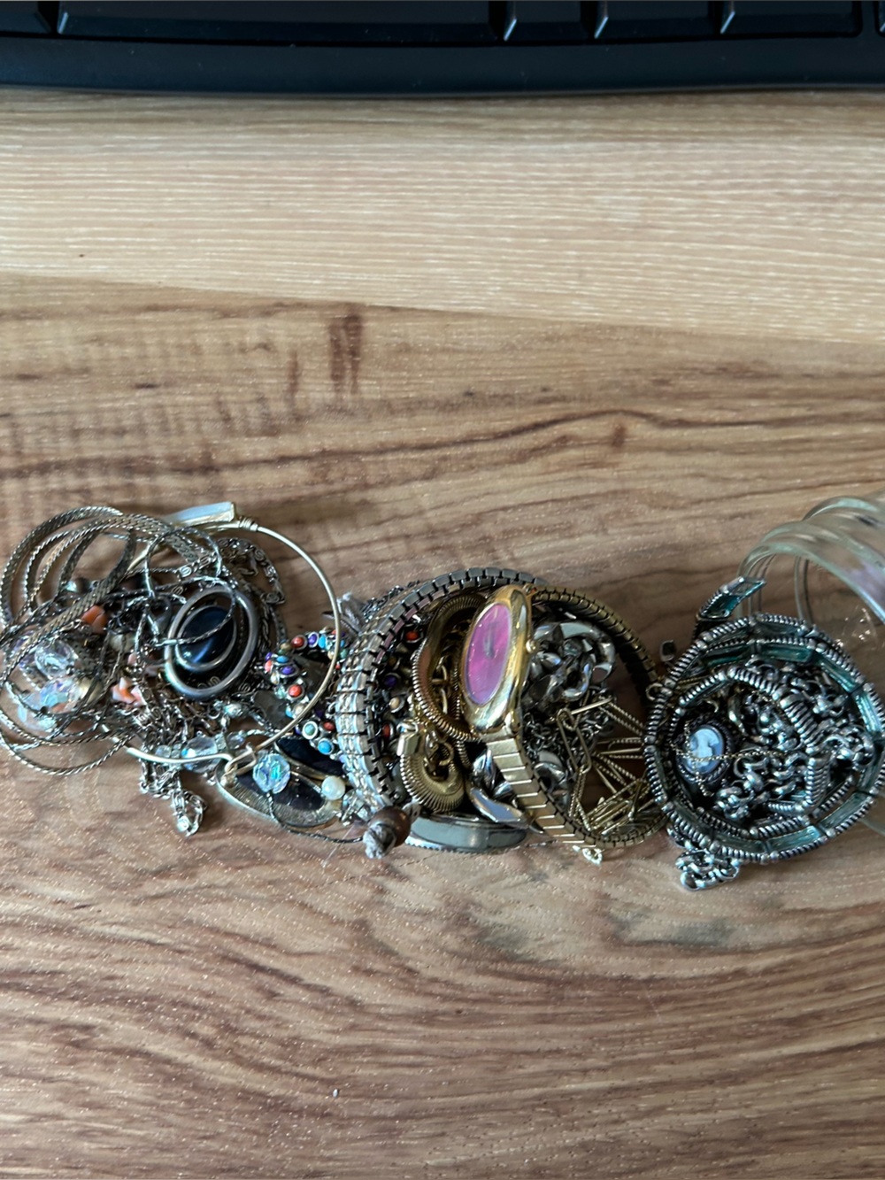 Mystery jewelry jar - silver and gold toned, some sterling